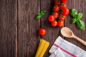 spaghetti, tomatoes, basil, wooden spoon, rustic, wooden table, flat lay, composition, food photography, preparation, food preparation, food, kitchen, pasta, italian, cuisine, italian cuisine, food, food, food, food, food